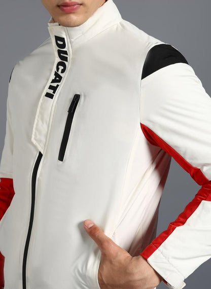Men’s Colorblock Moto-Inspired Jacket – White, Red & Black