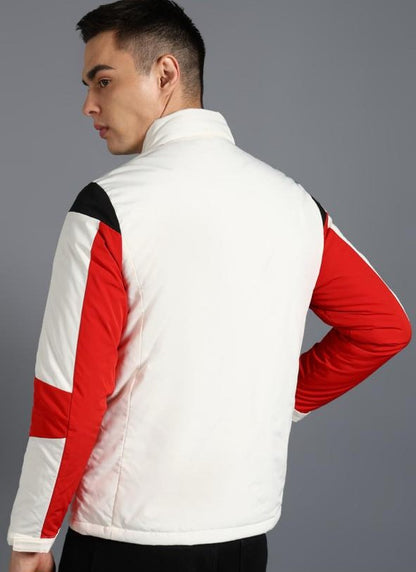 Men’s Colorblock Moto-Inspired Jacket – White, Red & Black