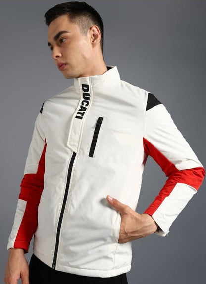 Men’s Colorblock Moto-Inspired Jacket – White, Red & Black
