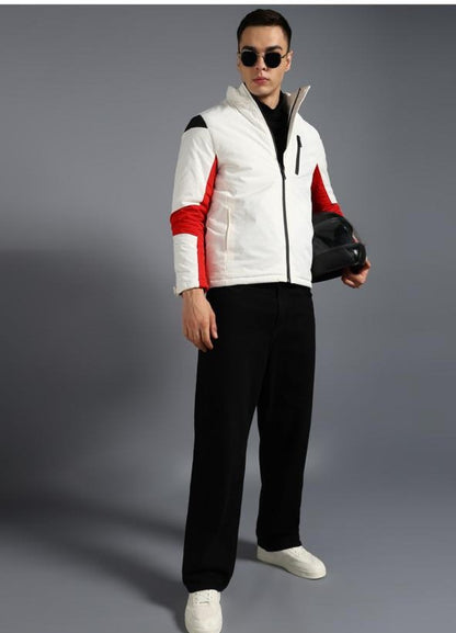 Men’s Colorblock Moto-Inspired Jacket – White, Red & Black