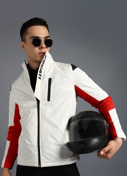 Men’s Colorblock Moto-Inspired Jacket – White, Red & Black